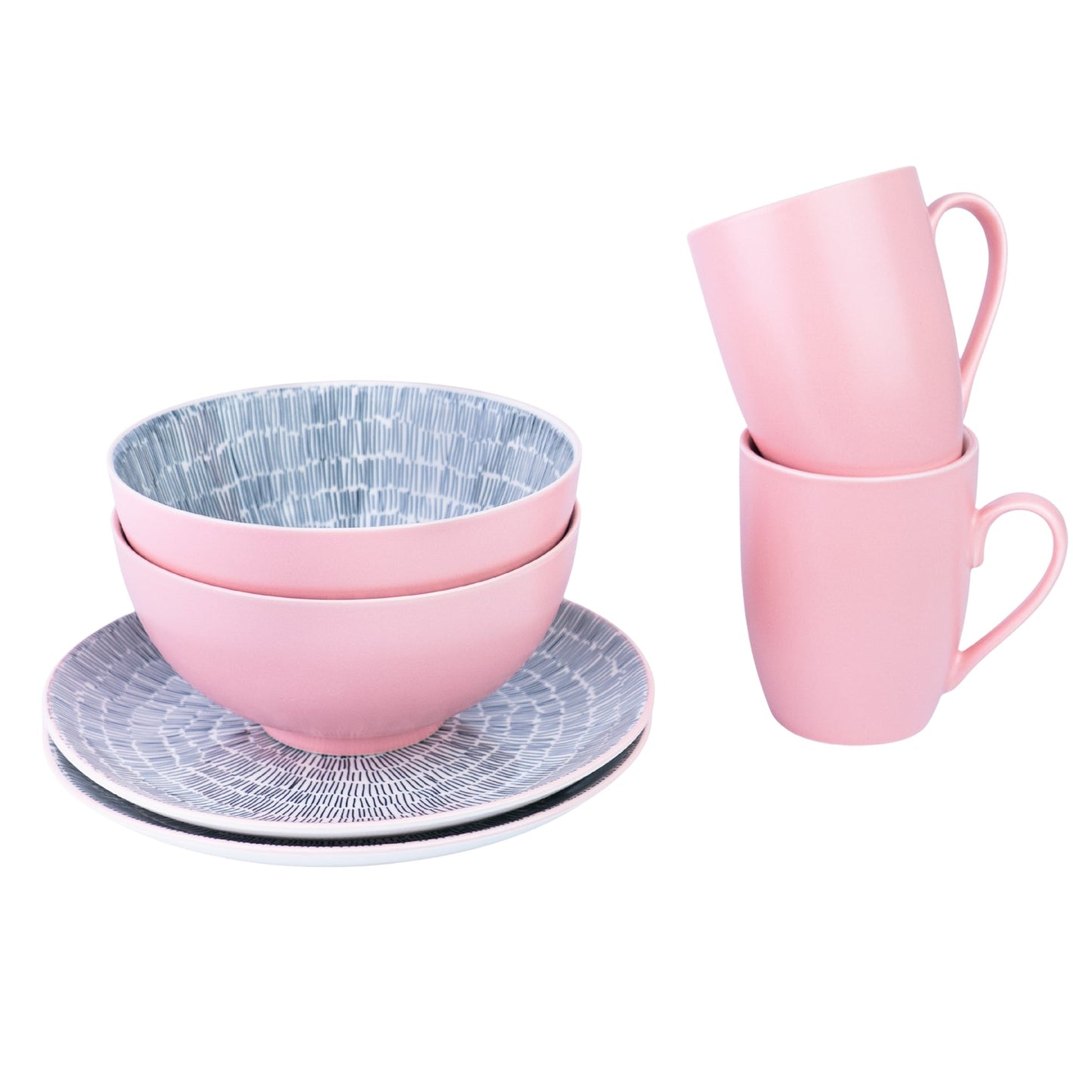 Conjunto de Pequeno-Almoço 6 Peças com Padrão Radial - Rosa (2 Pessoas)