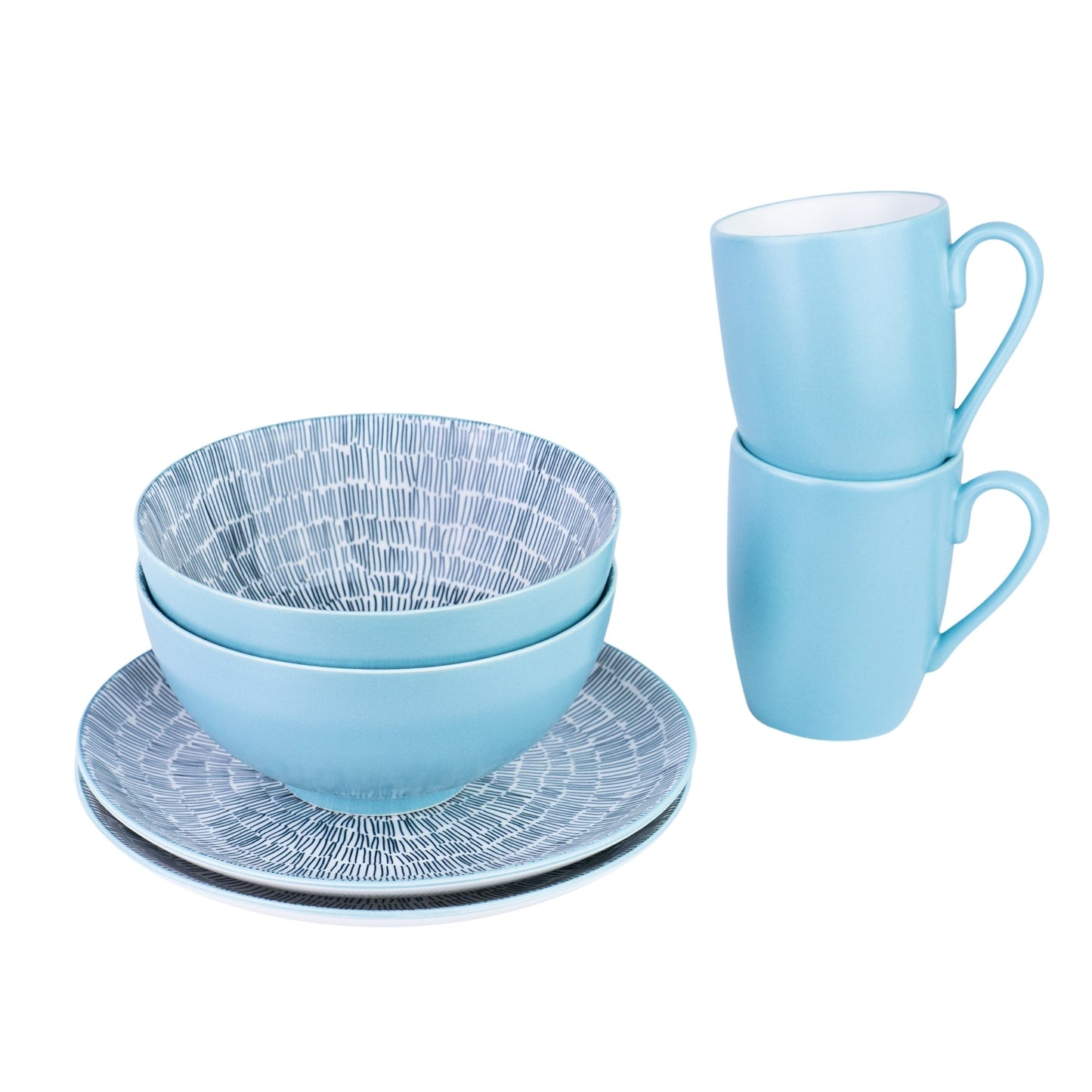 Conjunto de Pequeno-Almoço 6 Peças com Padrão de Linhas - Azul (2 Pessoas)