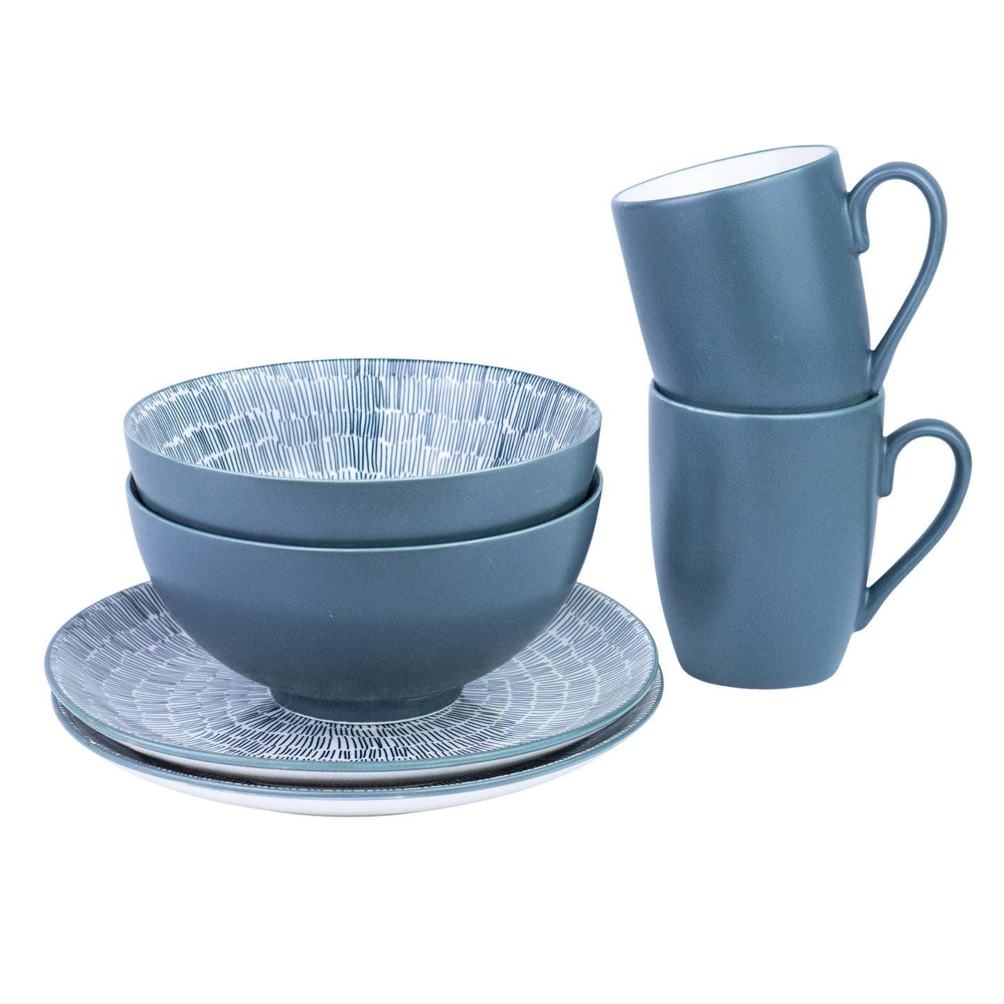 Conjunto de Pequeno-Almoço 6 Peças com Padrão Radial - Azul Acinzentado (2 Pessoas)