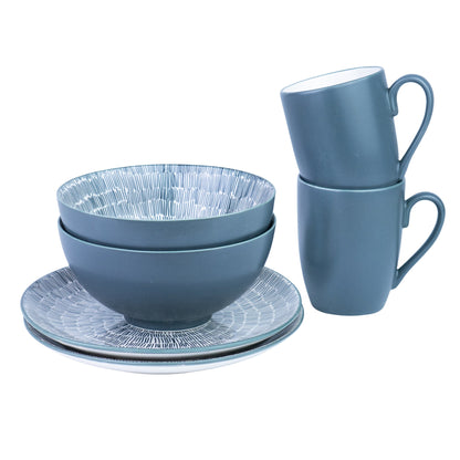 Conjunto de Pequeno-Almoço 6 Peças com Padrão Radial - Azul Acinzentado (2 Pessoas)