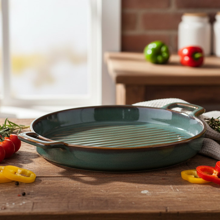 Prato de Cerâmica para Grelhados com Pegas - Verde Jade (24,5x20cm)