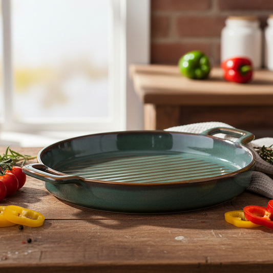 Prato de Cerâmica para Grelhados com Pegas - Verde Jade (24,5x20cm)