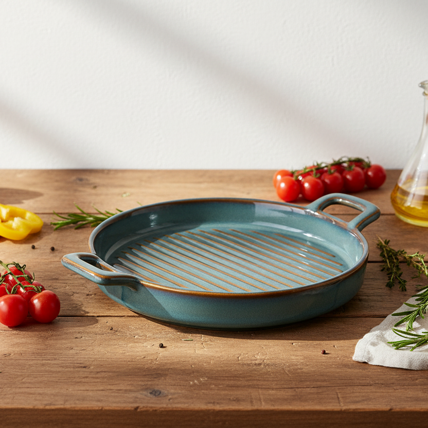 Prato de Cerâmica para Grelhados com Pegas - Verde Jade (20,5x16cm)