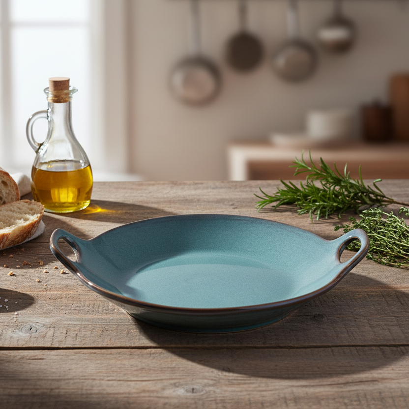 Prato Redondo de Cerâmica com Asas e Bordas Onduladas em Verde Jade 19x19x4,7cm