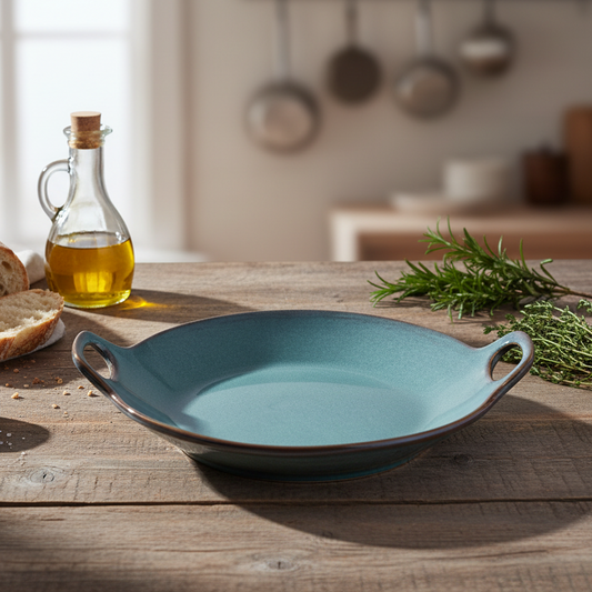 Prato Redondo de Cerâmica com Asas e Bordas Onduladas em Verde Jade 19x19x4,7cm