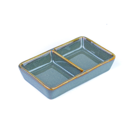 Prato Dividido de Cerâmica com Dois Compartimentos em Verde Jade 11,8x7cm