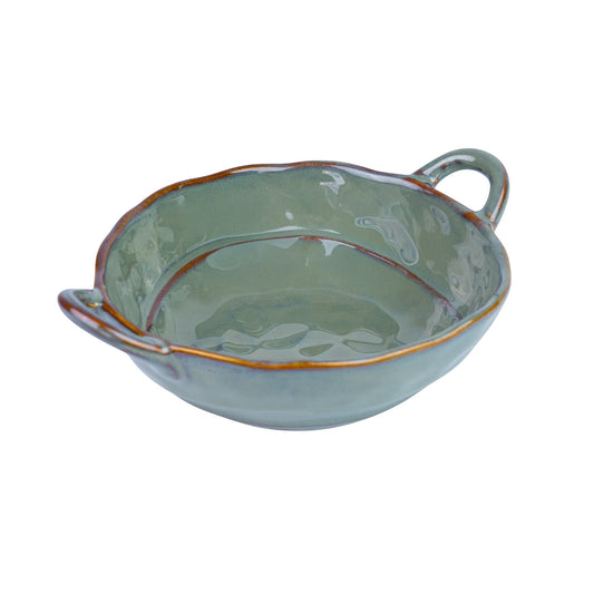 Tigela Oval de Cerâmica com Pegas - Verde Jade (17x21,5x5,6cm)
