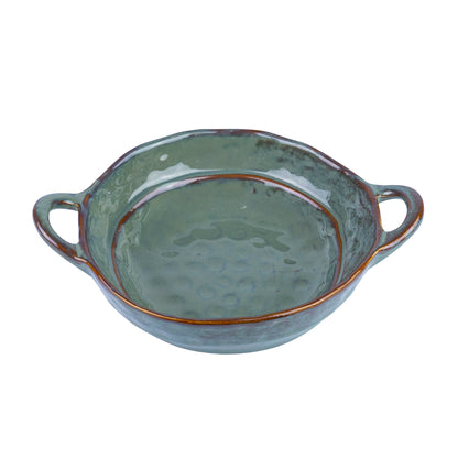 Cuenco de cerámica hecho a mano con asas y textura orgánica en verde jade