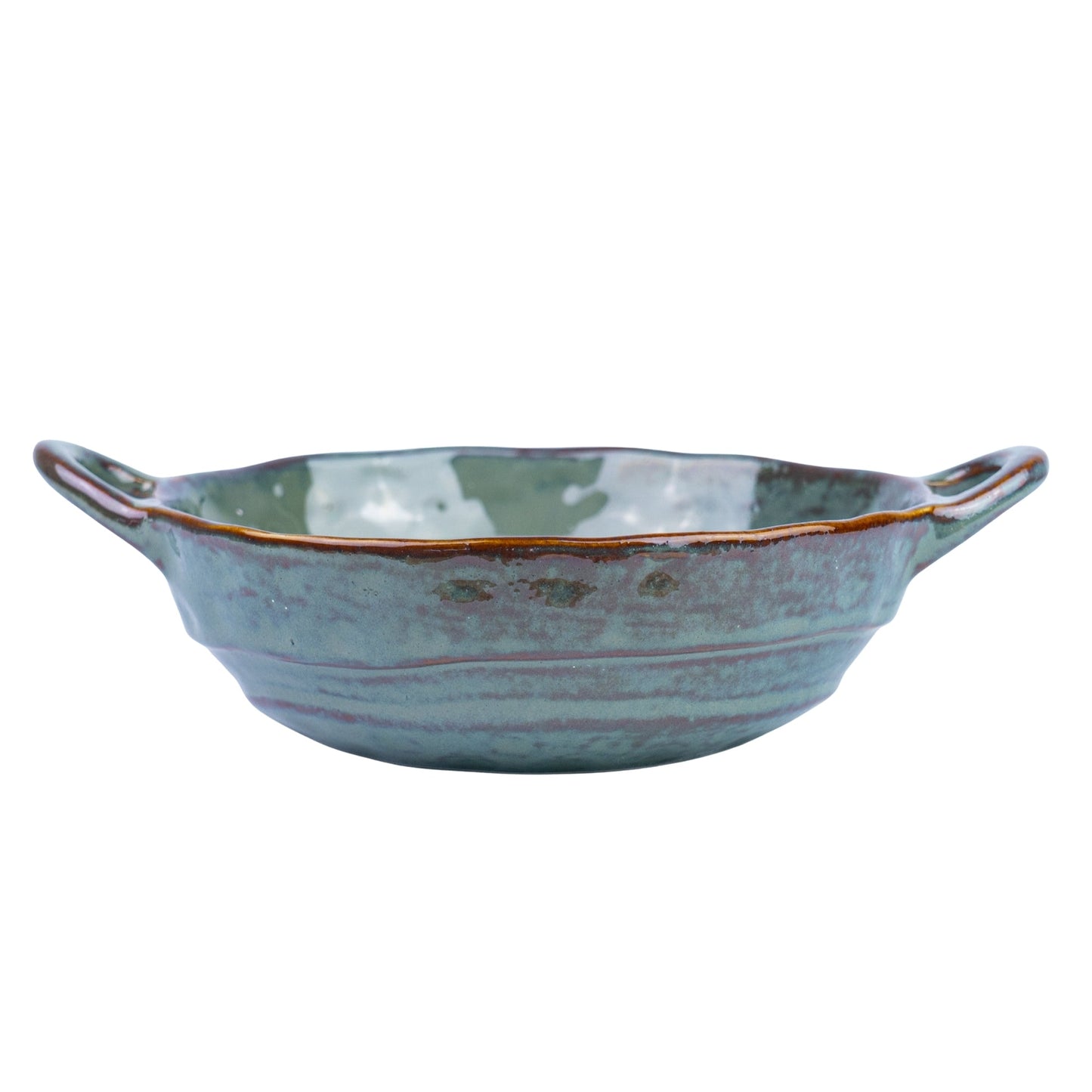 Cuenco de cerámica hecho a mano con asas y textura orgánica en verde jade