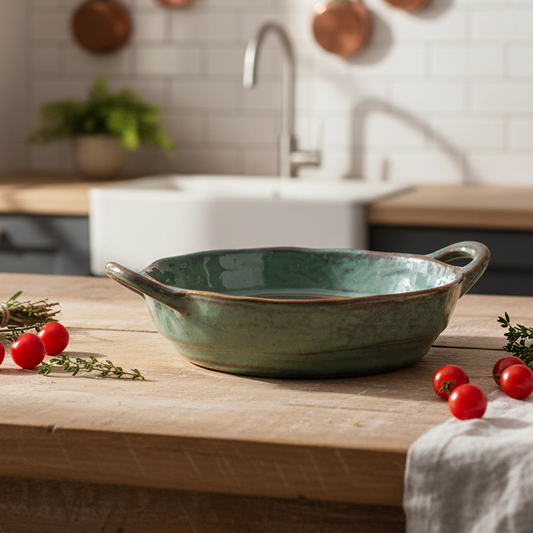 Tigela de Cerâmica Artesanal com Asas e Textura Orgânica em Verde Jade