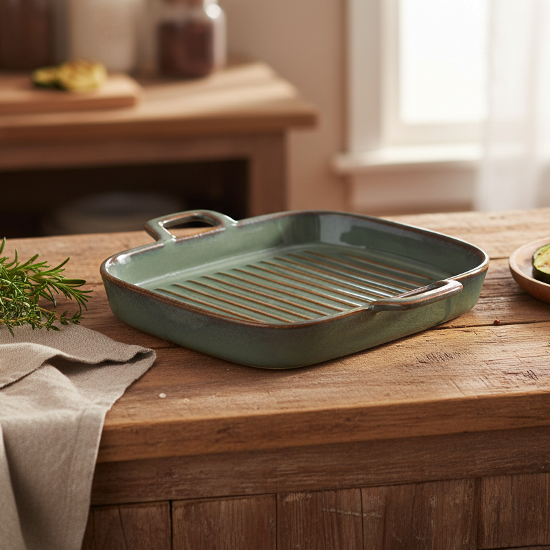 Prato de Cerâmica para Grelhados Quadrado com Pegas - Verde Jade (19x20cm)