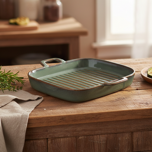Prato de Cerâmica para Grelhados Quadrado com Pegas - Verde Jade (19x20cm)