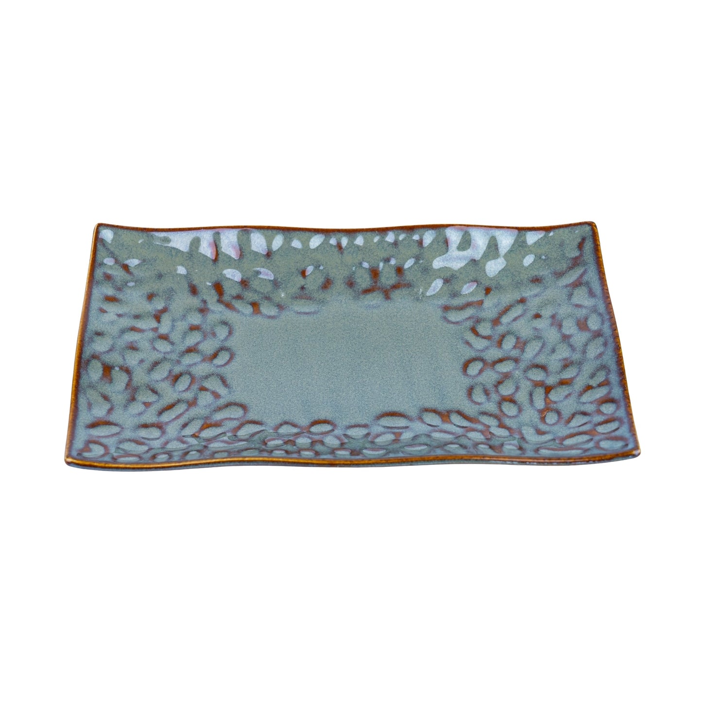 Prato Retangular de Cerâmica com Padrão Orgânico em Verde Jade