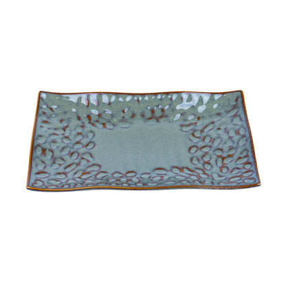 Prato Retangular de Cerâmica com Padrão Orgânico em Verde Jade