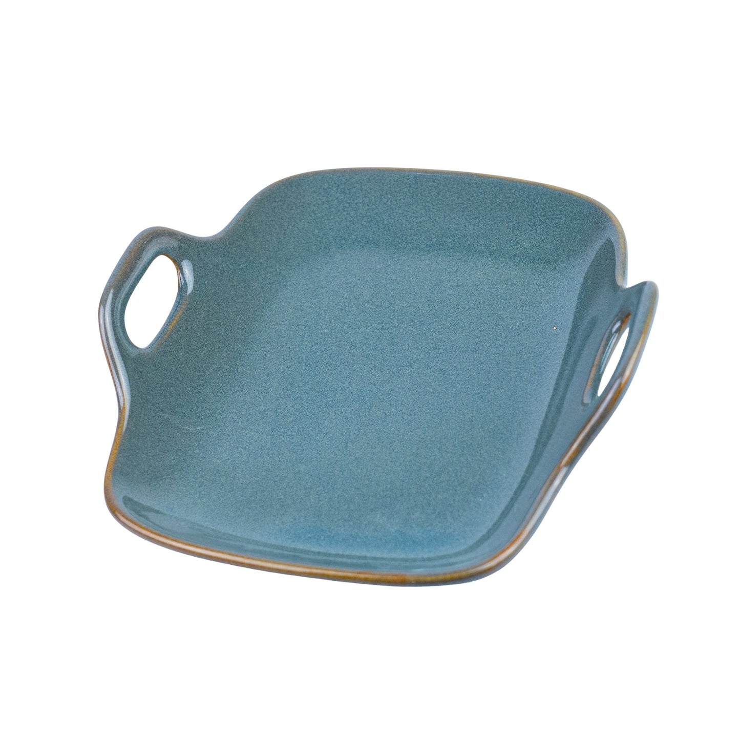 Prato Quadrado de Cerâmica com Asas e Cantos Arredondados em Verde Jade 19x18,5cm