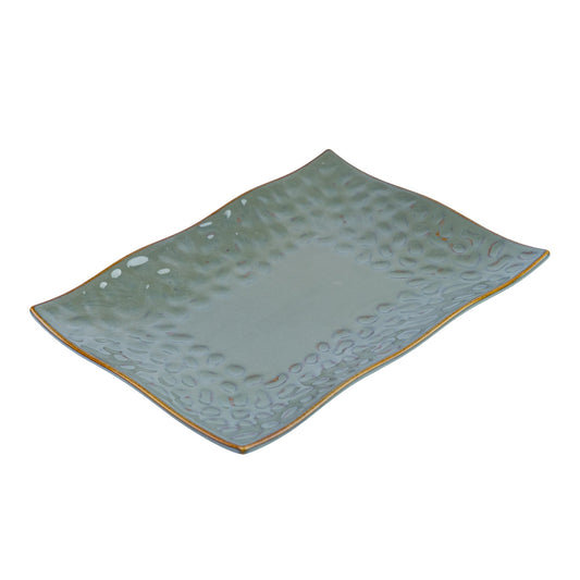 Prato Retangular de Cerâmica com Textura Orgânica em Verde Jade 28x20cm