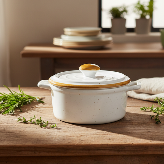 Tigela de Cerâmica Branca com Tampa e Borda Dourada 12,5x5,5cm