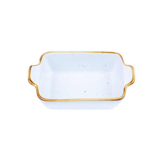 Travessa Retangular Decorativa de Cerâmica Branca com Borda Dourada 13,8x9x3,5cm