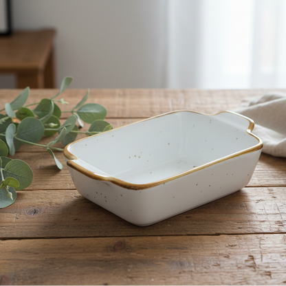 Travessa Retangular Decorativa de Cerâmica Branca com Borda Dourada 13,8x9x3,5cm