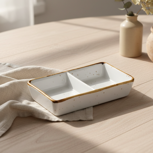 Tigela Retangular Pequena de Cerâmica Branca com Borda Dourada 11,8x7x2cm