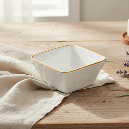 Tigela Quadrada Pequena de Cerâmica Branca com Borda Dourada 10,3x10,3x4,2cm