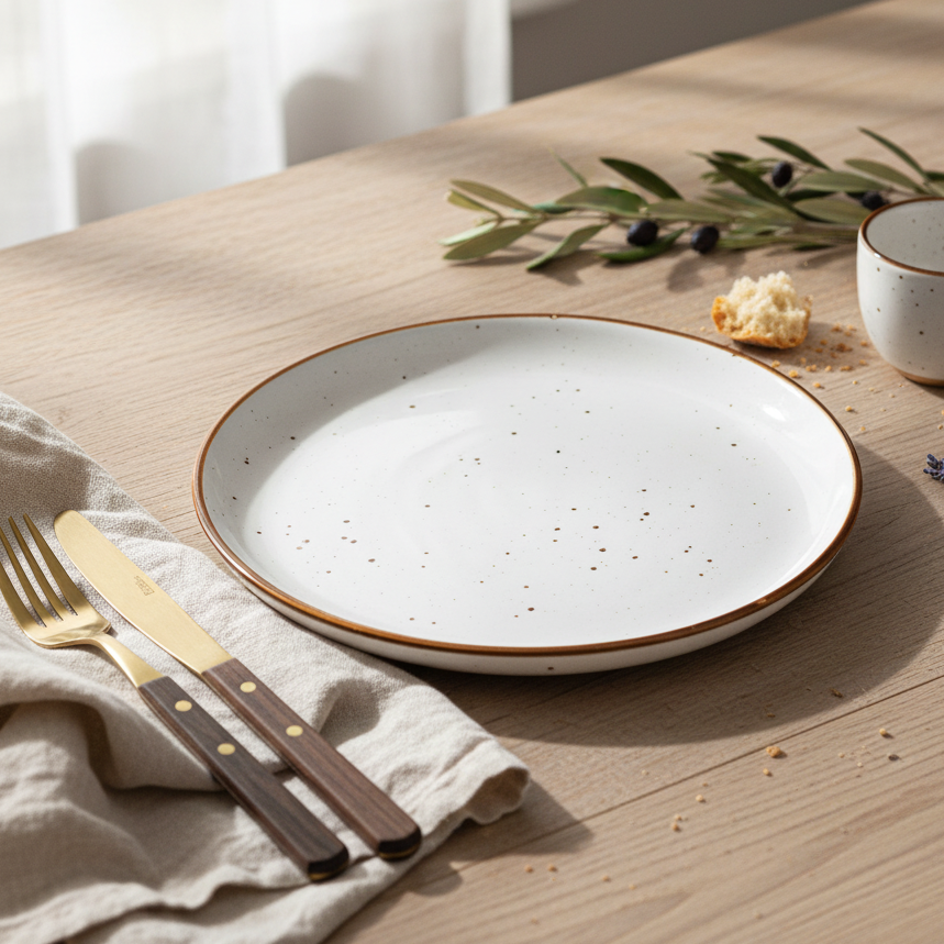 Prato Redondo Médio de Cerâmica Branca com Borda Dourada 20x20x2cm