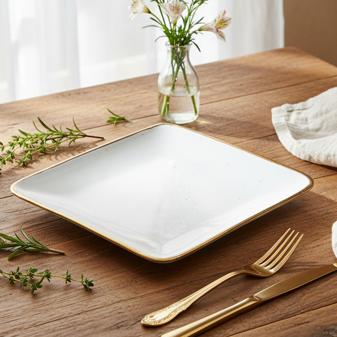 Prato Quadrado Grande de Cerâmica Branca com Borda Dourada 18,5x18,5x2cm