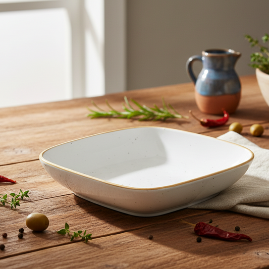 Tigela Quadrada Funda de Cerâmica Branca com Borda Dourada 18,5x18,5x4,5cm