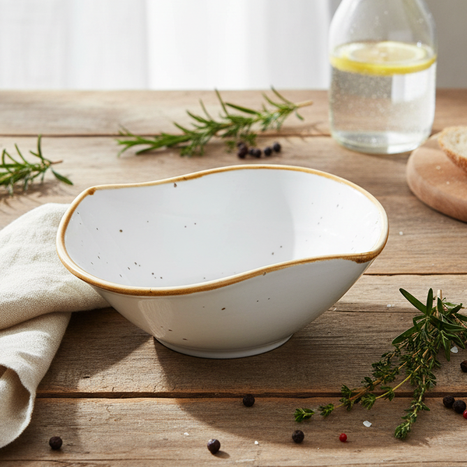 Tigela Orgânica de Cerâmica Branca com Borda Dourada e Bico 12,5x9,6x4cm