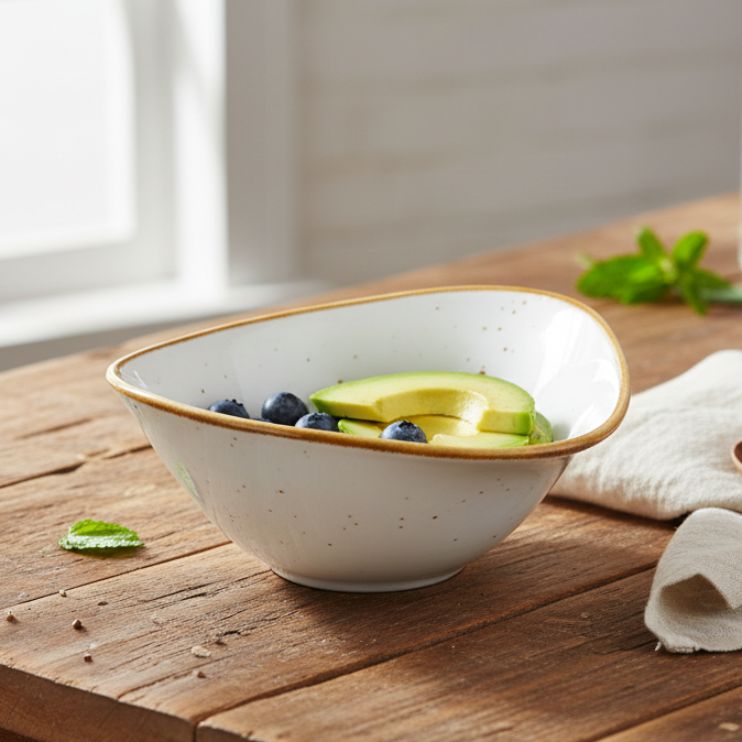 Tigela Triangular de Cerâmica Branca com Borda Dourada 13,9x11,8x5,8cm