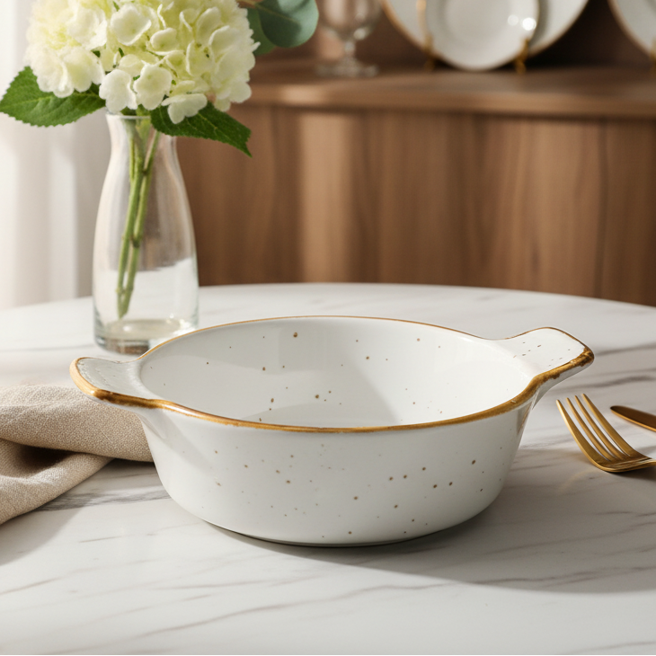 Tigela Redonda com Asas de Cerâmica Branca com Borda Dourada 14x11x3,8cm