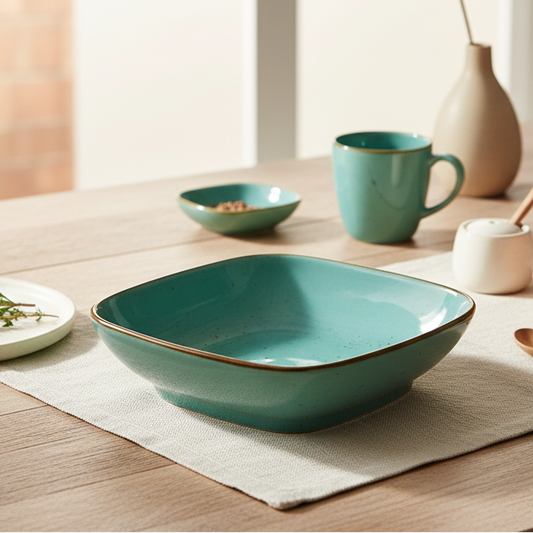 Tigela Quadrada Funda em Cerâmica - Verde Turquesa 18.5x18.5x4.5cm