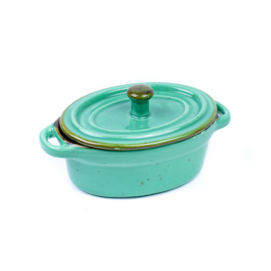 Caçarola Oval Pequena de Cerâmica Turquesa com Tampa 12,3x8,7x4,6cm