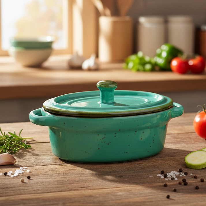 Caçarola Oval Pequena de Cerâmica Turquesa com Tampa 12,3x8,7x4,6cm