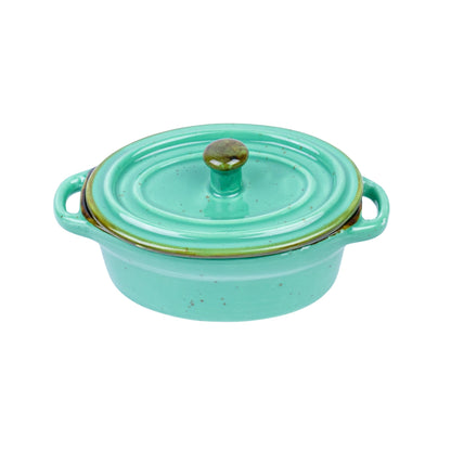 Caçarola Oval Pequena de Cerâmica Turquesa com Tampa 12,3x8,7x4,6cm