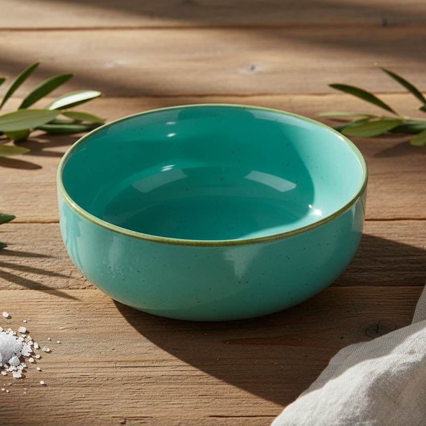Tigela Redonda Média de Cerâmica Turquesa com Borda Dourada 16x16x6cm