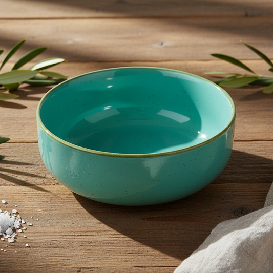 Tigela Redonda Média de Cerâmica Turquesa com Borda Dourada 16x16x6cm