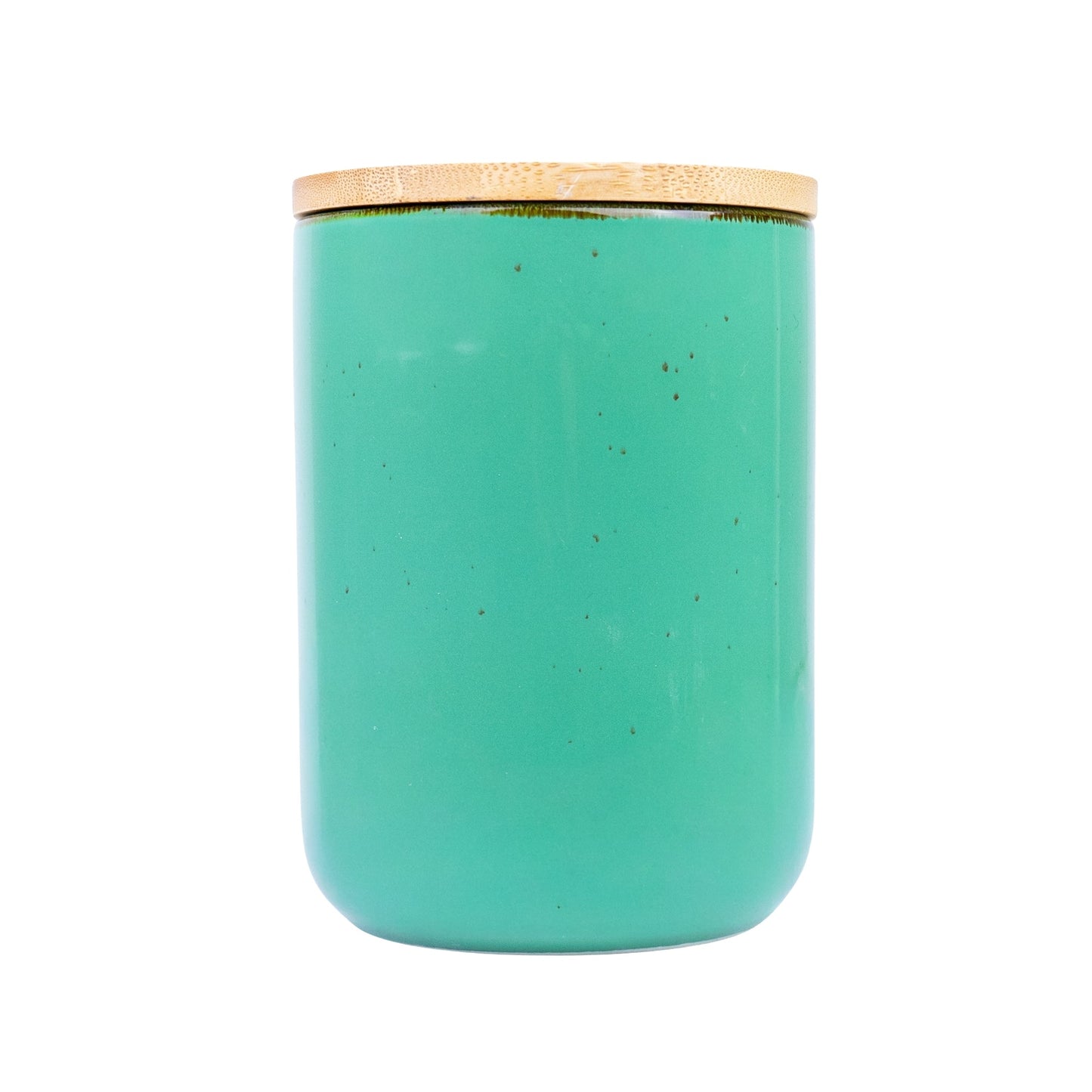 Pote de Cerâmica Turquesa com Tampa de Bambu 10,3x13,8cm