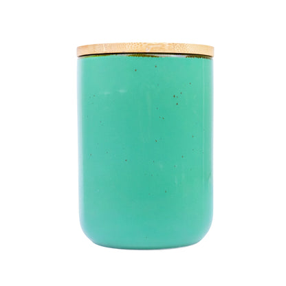 Pote de Cerâmica Turquesa com Tampa de Bambu 10,3x13,8cm