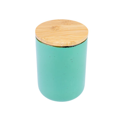 Pote de Cerâmica Turquesa com Tampa de Bambu 10,3x13,8cm