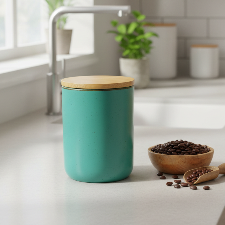 Pote de Cerâmica Turquesa com Tampa de Bambu 10,3x13,8cm