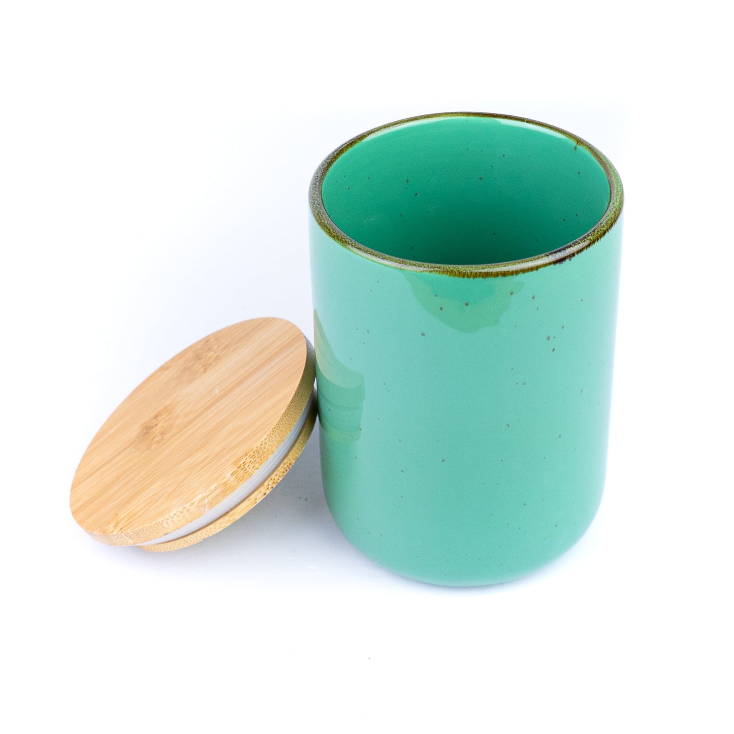 Pote de Cerâmica Turquesa com Tampa de Bambu 10,3x13,8cm