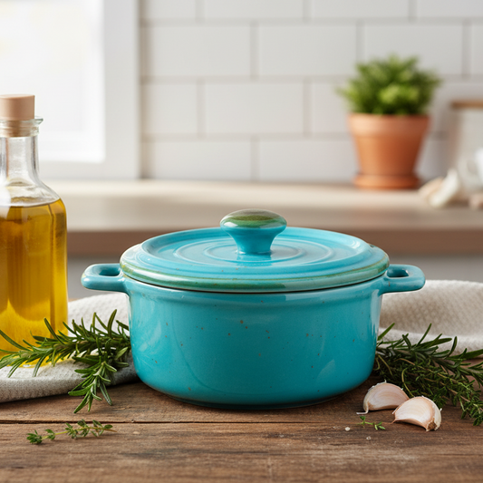 Caçarola Redonda de Cerâmica Turquesa com Tampa 12,5x5,5cm