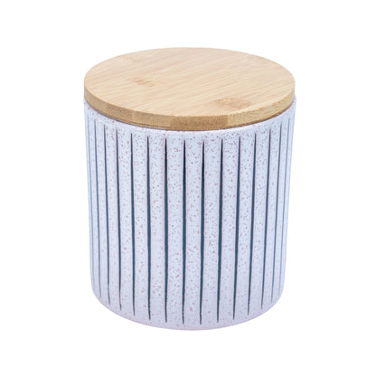 Recipiente em Cerâmica com Tampa de Bambu - Branco com Riscas 11x11cm