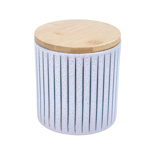 Recipiente em Cerâmica com Tampa de Bambu - Branco com Riscas 11x11cm