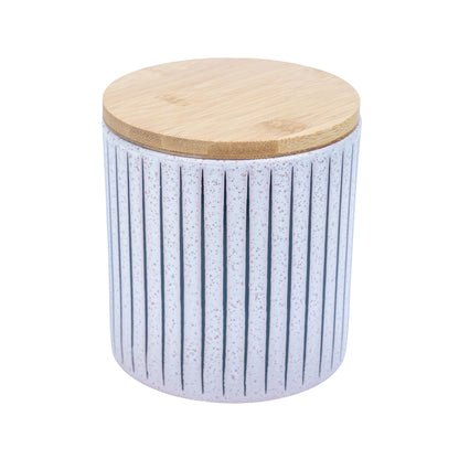 Recipiente de Cerâmica com Tampa de Bambu - Branco com Textura Linear 11x11cm