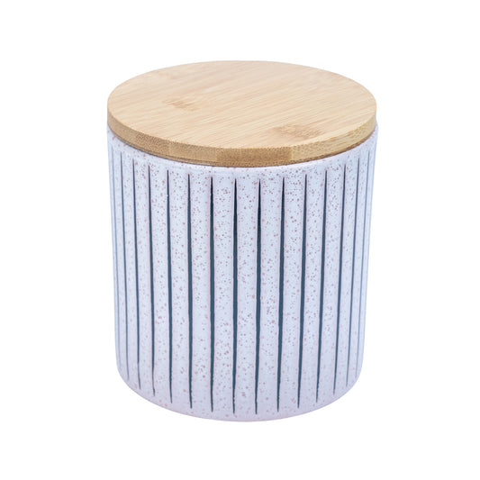 Recipiente de Cerâmica com Tampa de Bambu - Branco com Textura Linear 11x11cm