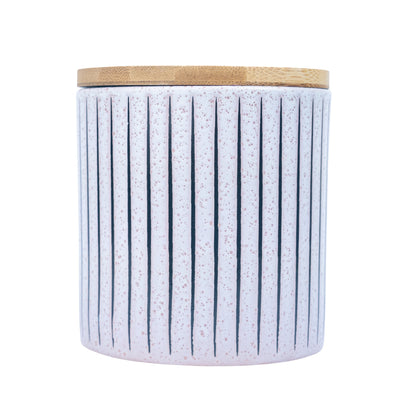 Recipiente em Cerâmica com Tampa de Bambu - Branco com Riscas 11x11cm