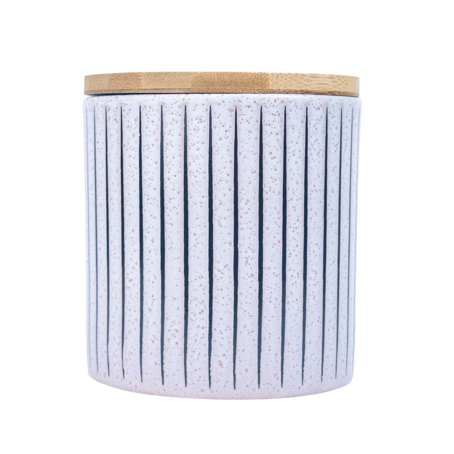 Recipiente de Cerâmica com Tampa de Bambu - Branco com Textura Linear 11x11cm