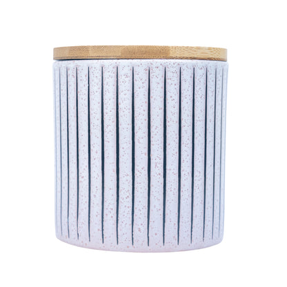 Recipiente de Cerâmica com Tampa de Bambu - Branco com Textura Linear 11x11cm